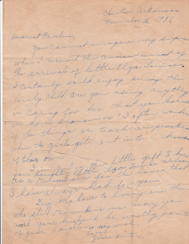 Letter from Jessie to Pauline on birth of Elza
Keywords: Elza